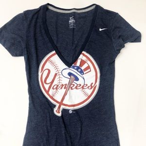NIKE White Swoosh New York Yankees V-Neck T-Shirt